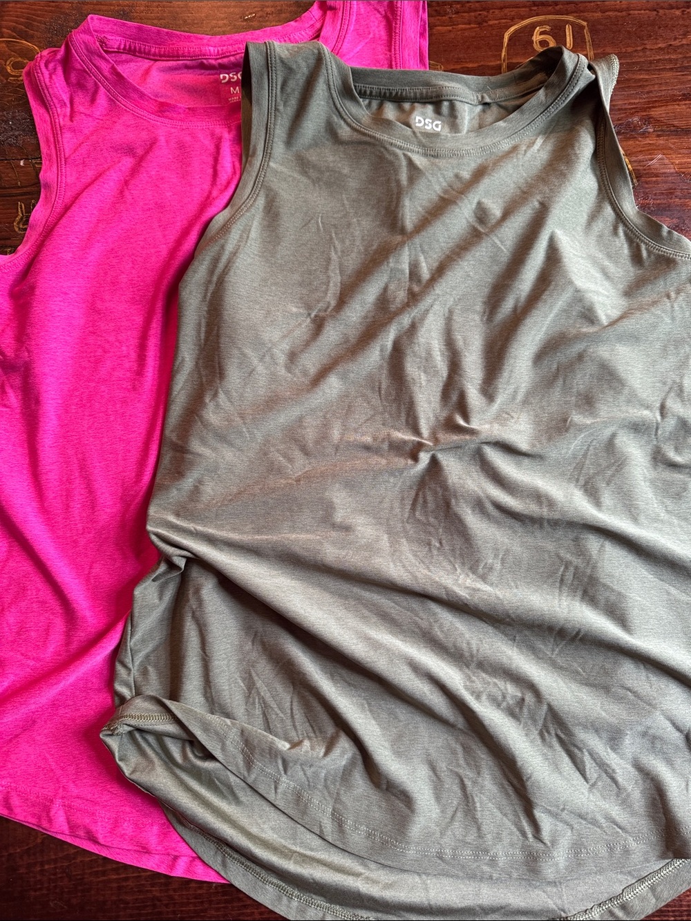 DSG Pink and Olive Green Tank Tops - Scoop Neck Stretch Jersey - $15 FOR BOTH